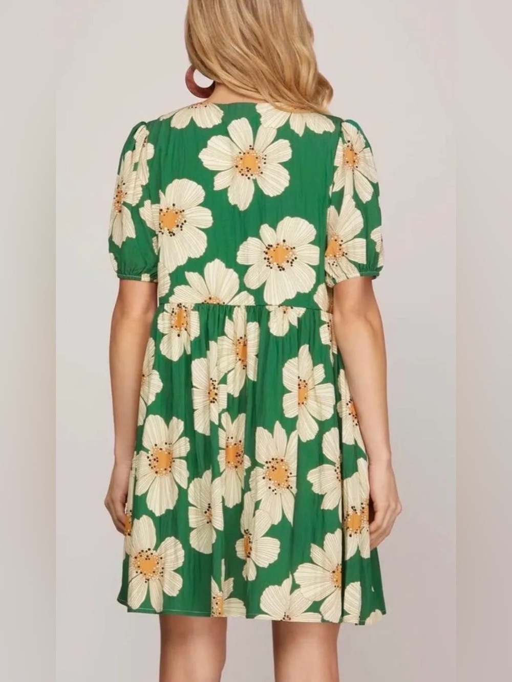 She + Sky Green Floral Mini Dress with Cream and Gold Blooms. Has pockets - Picture 2 of 2